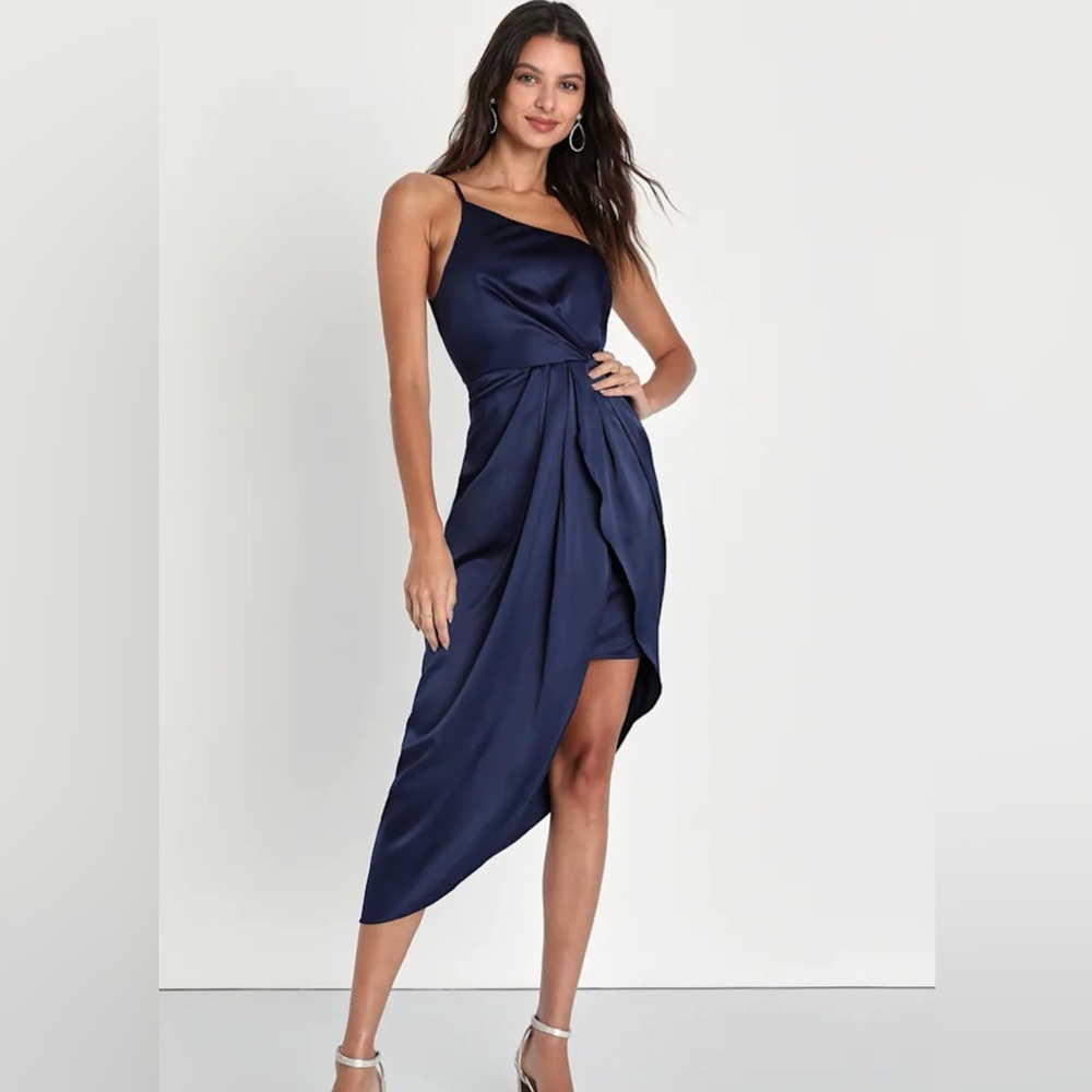 Lulus “law of attraction” navy blue, asymmetrical, one shoulder midi dress.